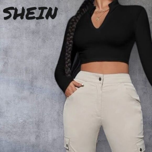 SHEIN SXY Spring And Summer Turtleneck Half-Zip Short Black Long-Sleeved Casual - Picture 1 of 5